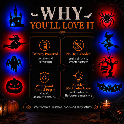 🔥Last Day 50% OFF - 🎃8 Pack Halloween LED Silhouette Wall Light Stickers, Battery Powered Peel & Stick Decor Lights