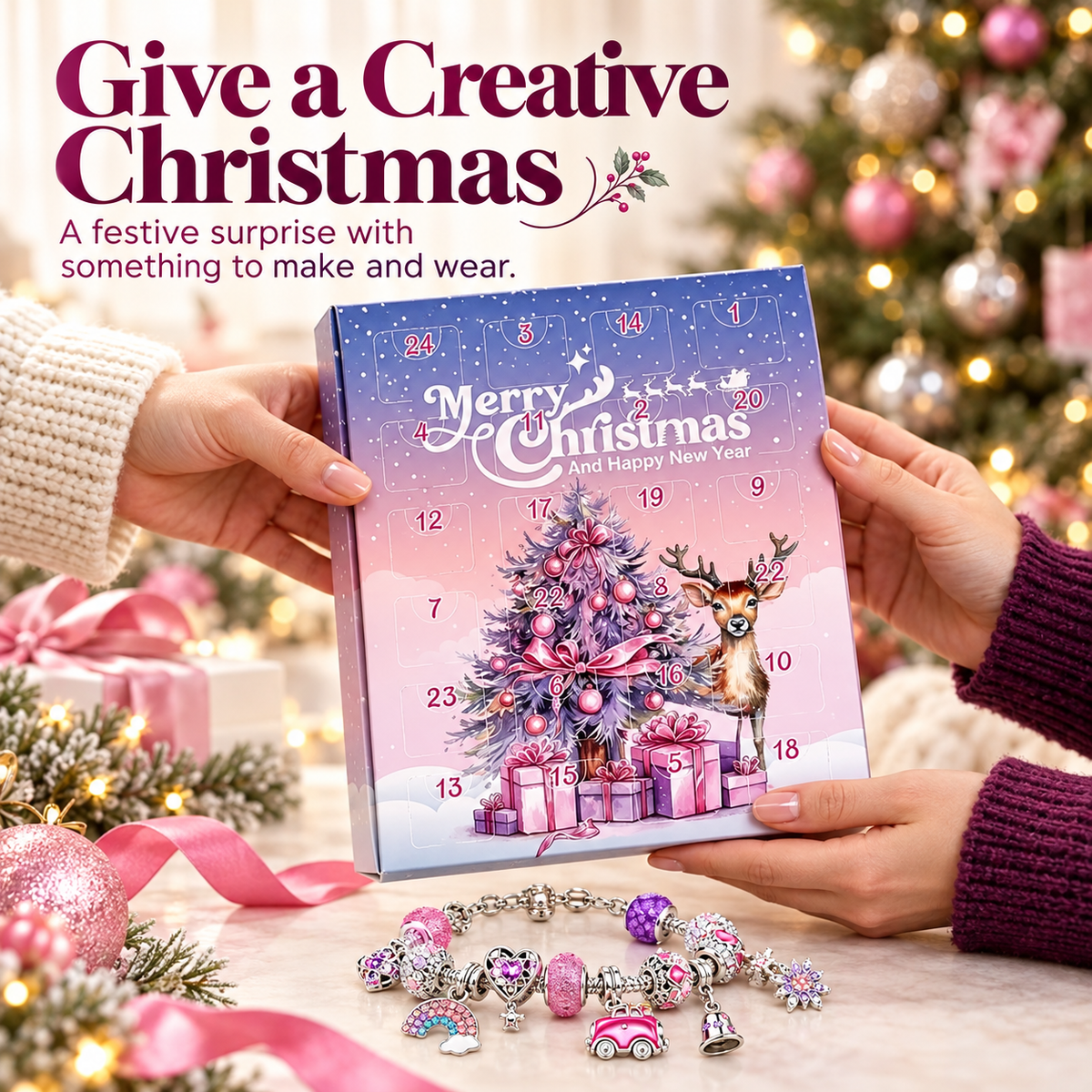 Christmas charm jewelry advent calendar being presented as a holiday gift