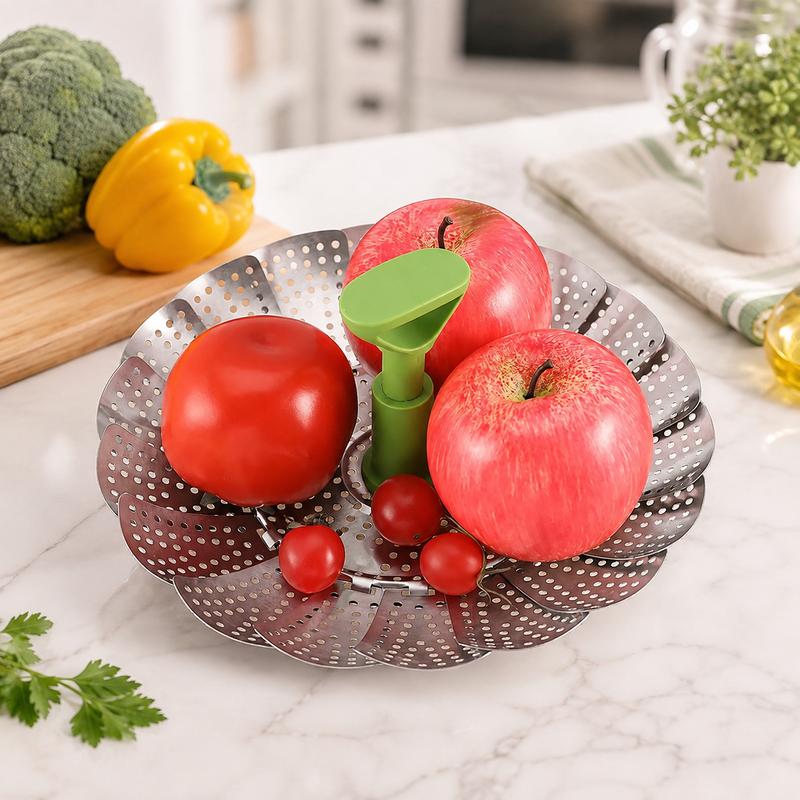 Expandable steamer basket holding fresh fruit