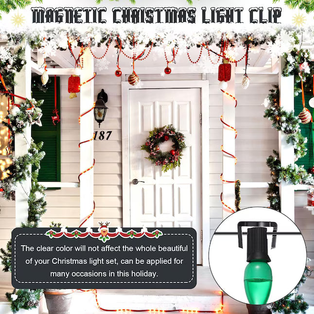 Christmas decorated home entrance with holiday string lights