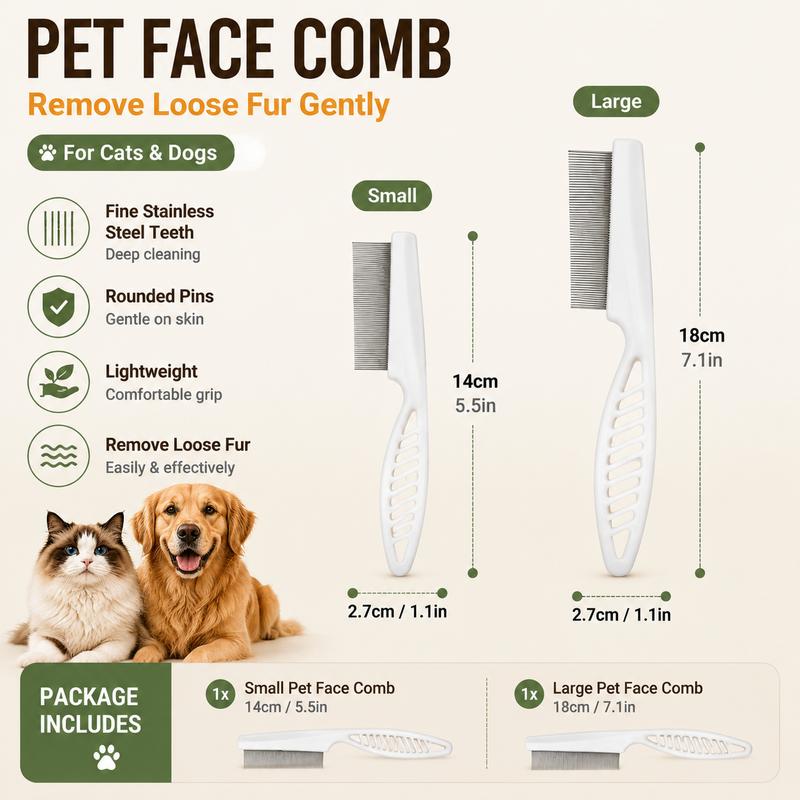 Pet Face Comb Set for Cats & Dogs, Fine Tooth Stainless Steel Grooming Comb, Removes Loose Fur, Flea & Lice Removal Comb, Anti-Shedding, Small & Large Size (2PCS)