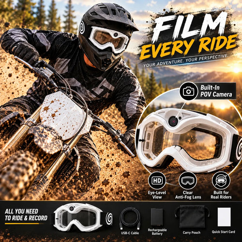 🏍️ POV Camera Motocross Goggles – White Off-Road Riding Goggles with Built-In Camera, Anti-Fog Lens & USB-C Charging