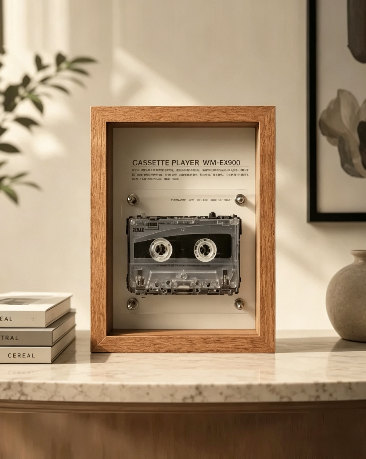 Vintage Cassette Player Frame with Functional Tape Playback & Retro Wall Art Design