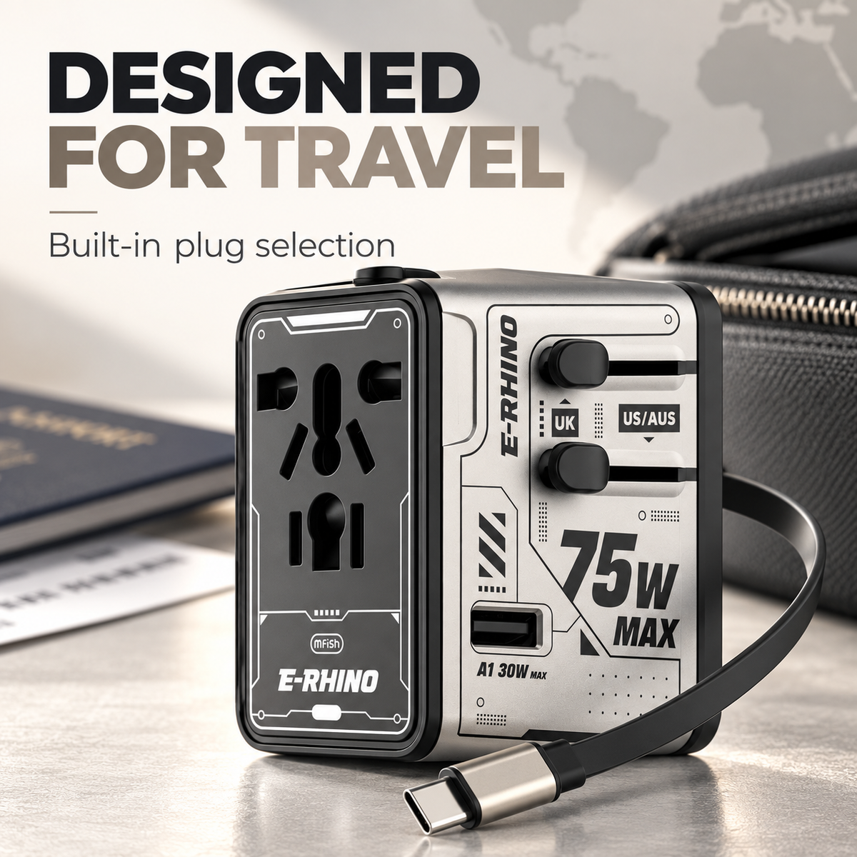⚡ 75W MAX All-in-One Travel Adapter – 5-Port Charging Hub with Built-In USB-C Cable 🌍🔌