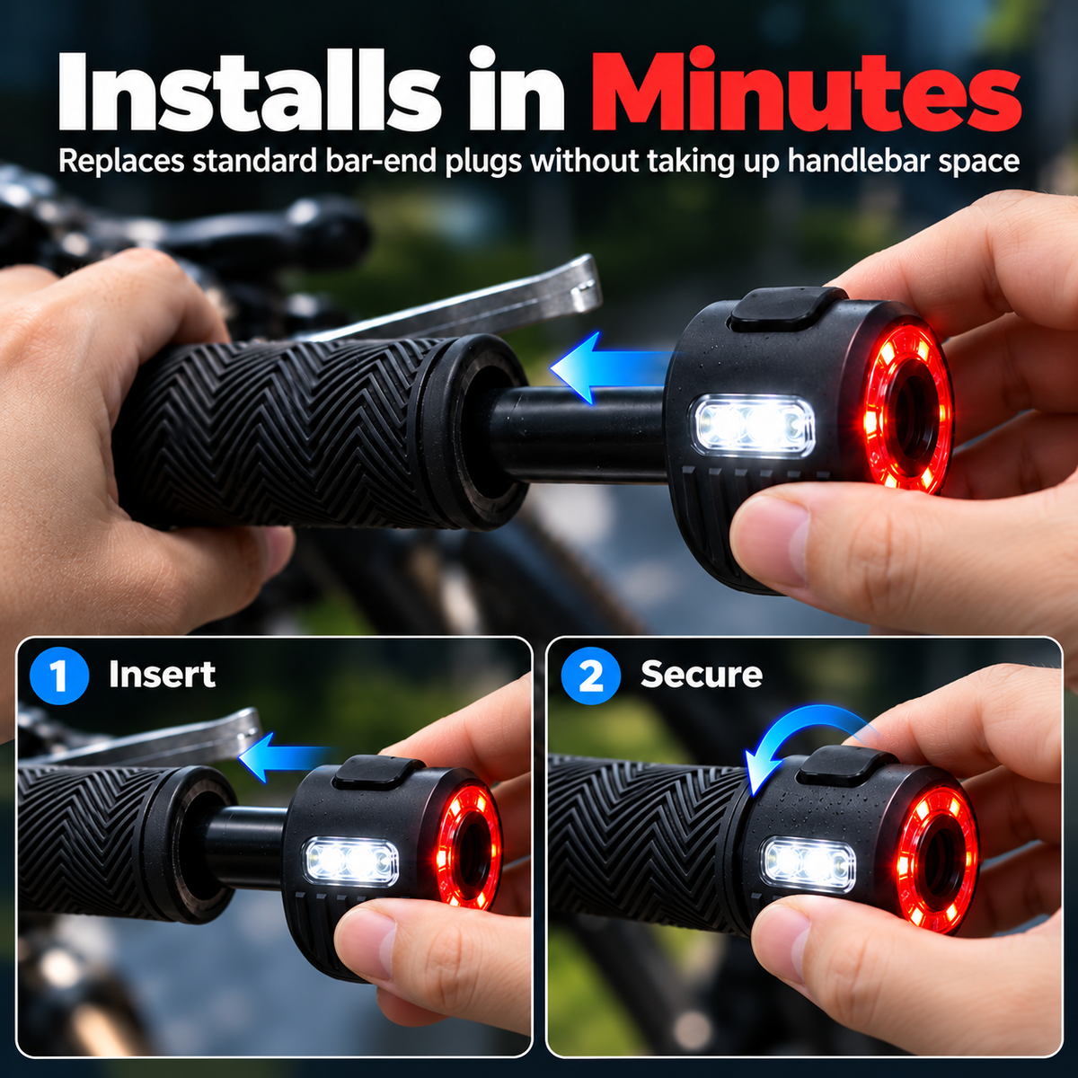 🚴 Dual-Direction Handlebar Safety Lights – USB Rechargeable Front & Rear Bike Lights with Hidden Bar-End Installation