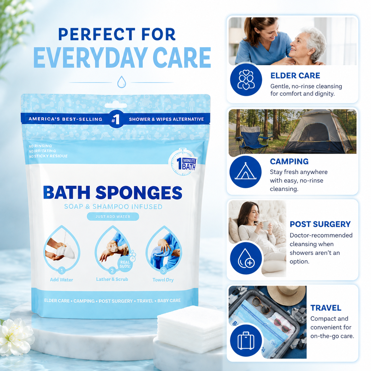 🫧Freshness Anytime, Anywhere! 25 Large Rinse-Free Bathing Wipes for Adults