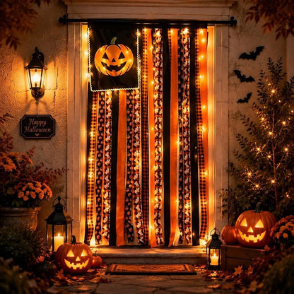 🎉Halloween Banner Flag Pre-Lit Pumpkin Fabric Ribbon Garland Streamers