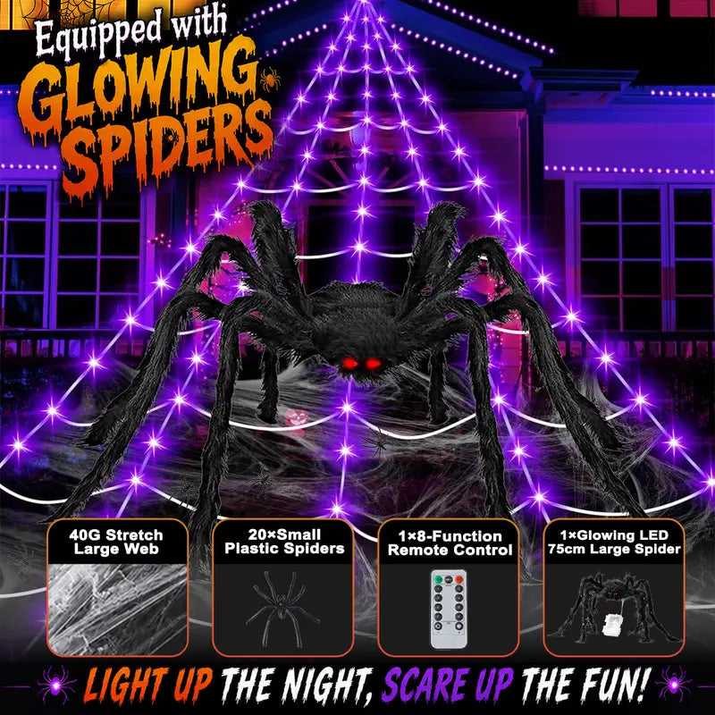 🎃 Giant LED Halloween Spider Web with Glowing Red-Eye Spider | Outdoor Decor 🕷️