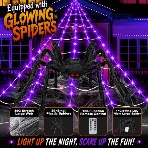 🎃 Giant LED Halloween Spider Web with Glowing Red-Eye Spider | Outdoor Decor 🕷️