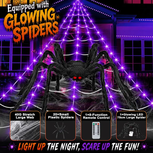 🎃 Giant LED Halloween Spider Web with Glowing Red-Eye Spider | Outdoor Decor 🕷️