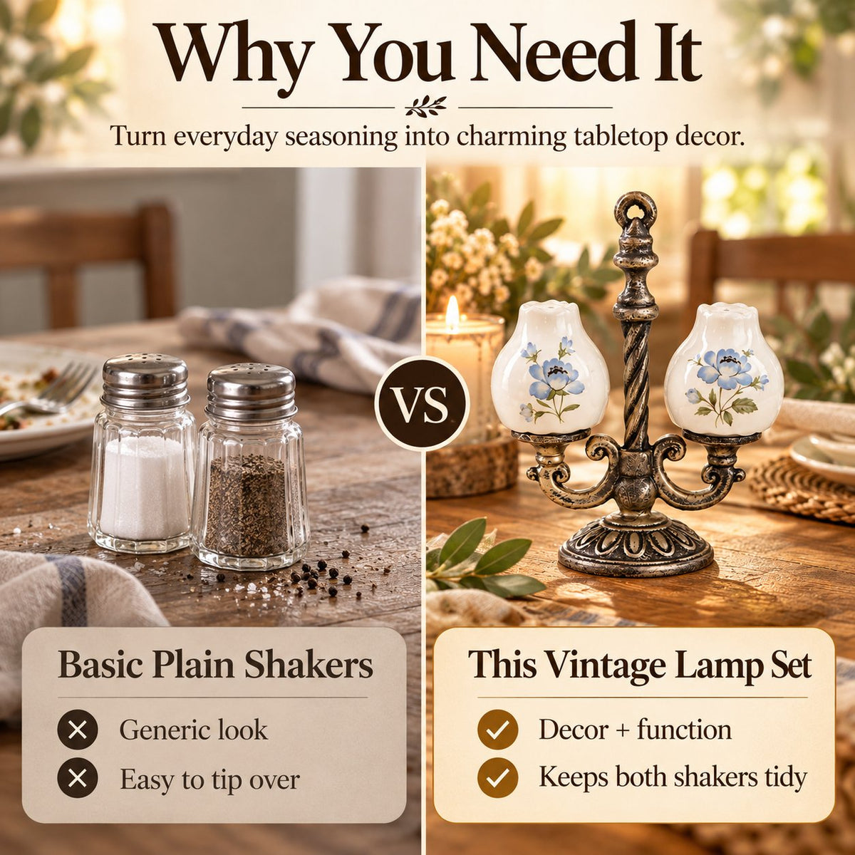 Retro Candelabra Salt Pepper Set | Ceramic Floral Shakers with Caddy, Vintage Dining Accent