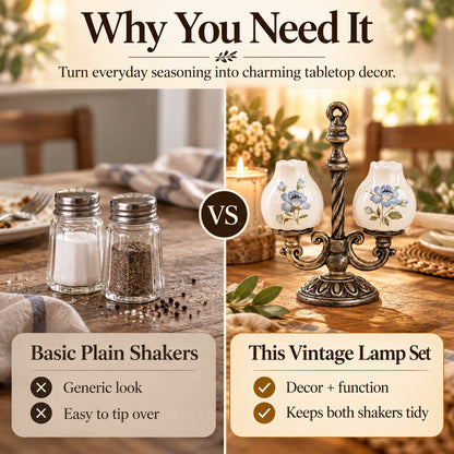 Retro Candelabra Salt Pepper Set | Ceramic Floral Shakers with Caddy, Vintage Dining Accent