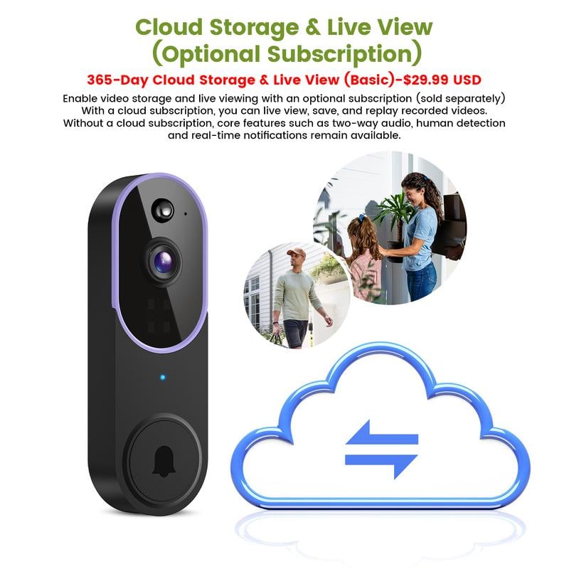 Wireless Video Doorbell Camera, Smart Security Doorbell Camera, 1080P, AI Human Detection