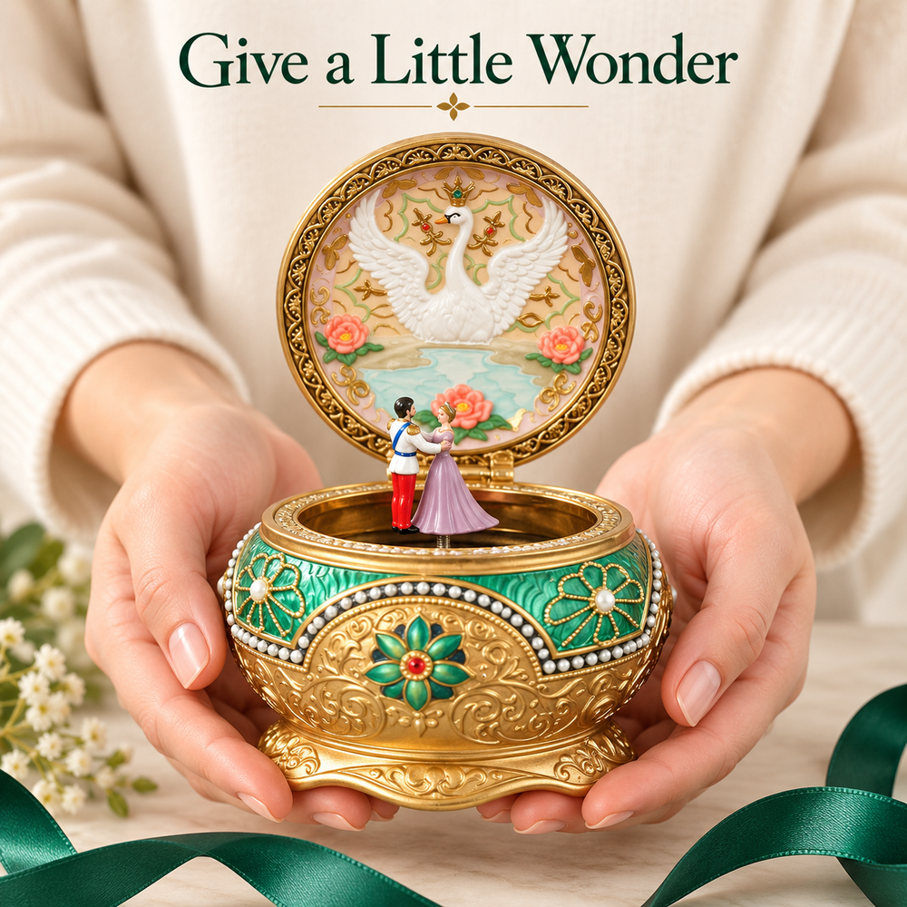 Hands presenting the decorative swan lake music box as a thoughtful gift