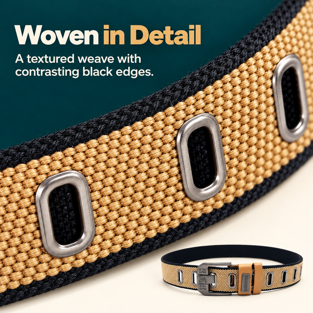 Macro view of the textured woven canvas and metal-lined eyelets