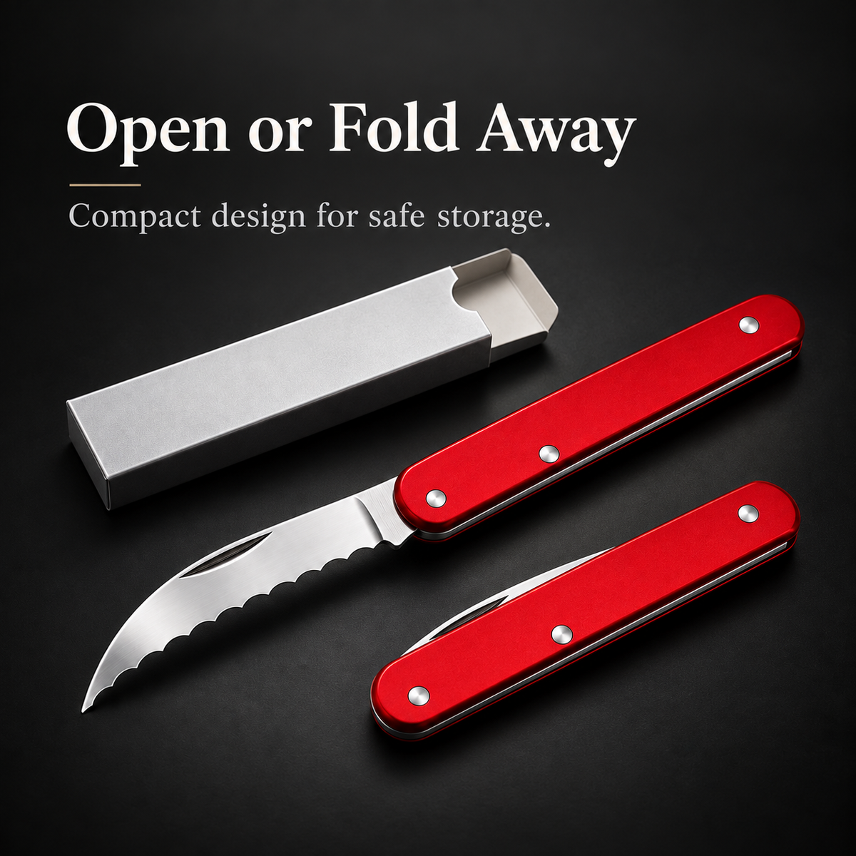 🔪Compact Folding Baker's Knife | 2.5″ Wavy-Edge Stainless Steel Blade | Red Aluminum Handle | Made in Switzerland