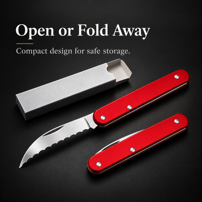 🔪Compact Folding Baker's Knife | 2.5″ Wavy-Edge Stainless Steel Blade | Red Aluminum Handle | Made in Switzerland