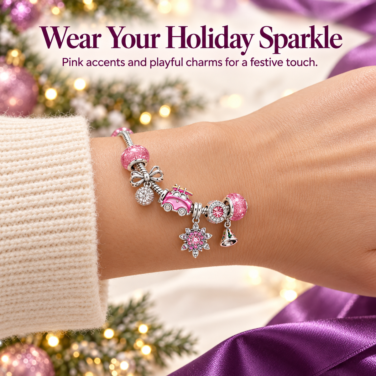 Pink charm bracelet styled on a wrist