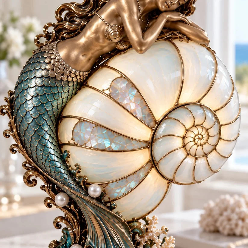 Detailed view of teal mermaid scales, pearl-like accents, and segmented shell shade
