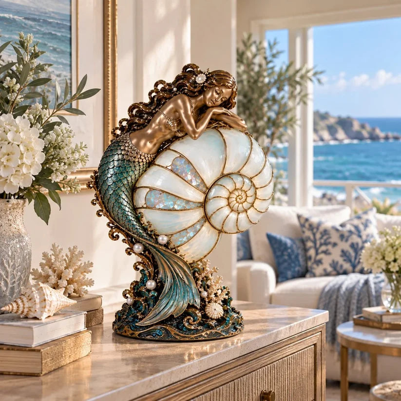 Mermaid embracing a pearl-colored nautilus shell, shown in daylight and evening settings