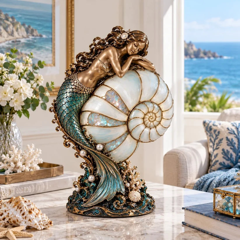 Mermaid nautilus lamp displayed unlit in a bright coastal interior