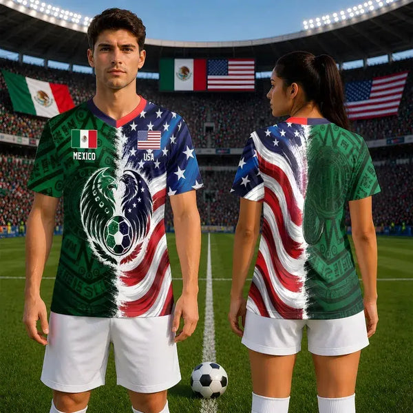 Full Half USA Half Mexico Flag Split Print Soccer Jersey