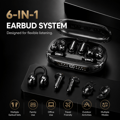 🎧 GT699S 6-in-1 Smart Wireless Earbuds | Power Bank Charging Case | Clip-On, In-Ear & Sleep Earbuds