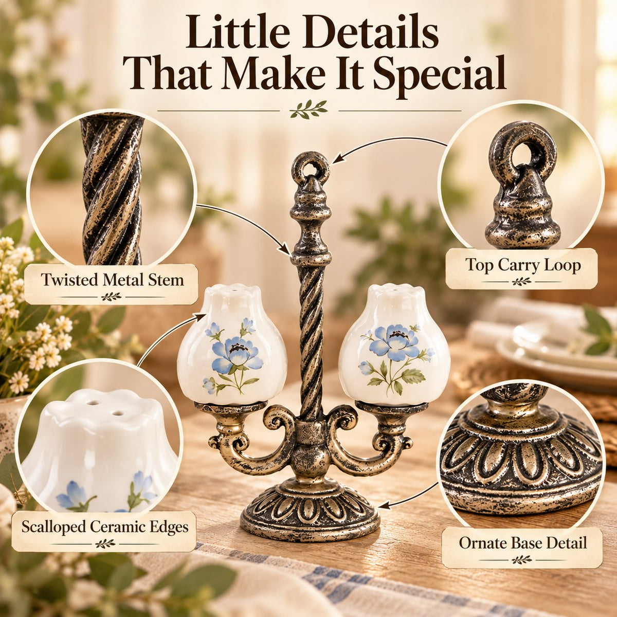Retro Candelabra Salt Pepper Set | Ceramic Floral Shakers with Caddy, Vintage Dining Accent