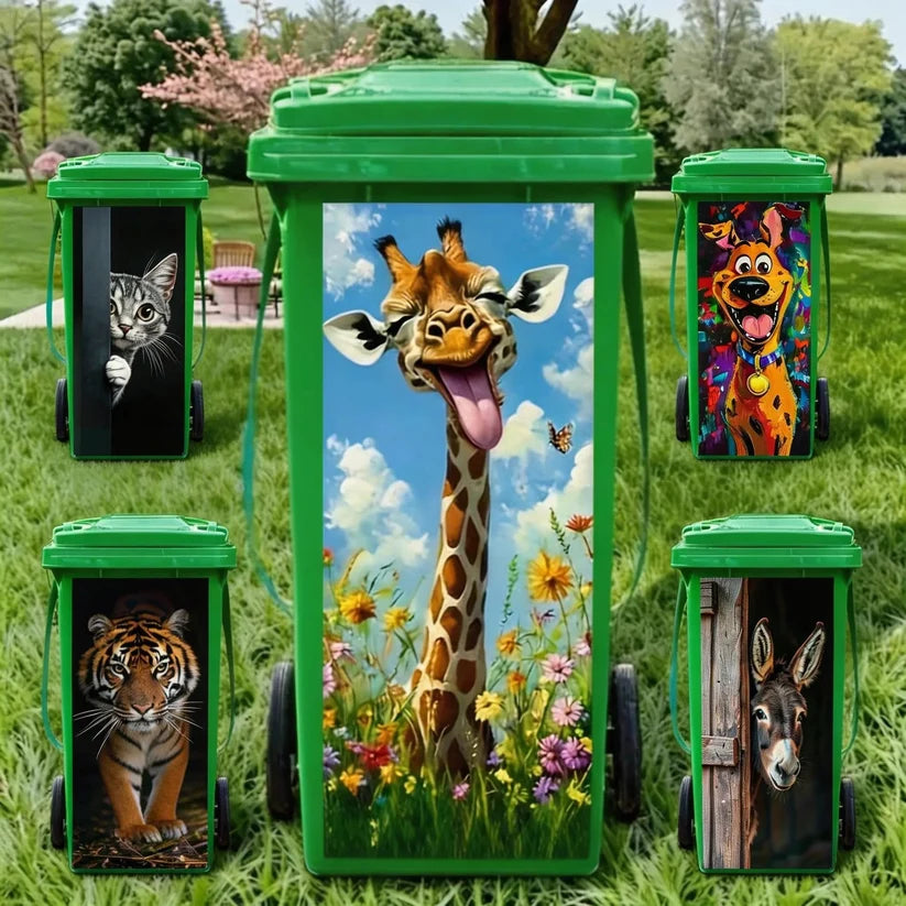 Colorful animal stickers decorating green outdoor trash cans