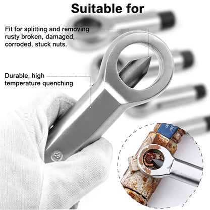 Nut splitter tool positioned around a corroded nut