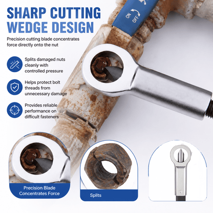 Close-up of the nut splitter's cutting wedge positioned against a damaged nut