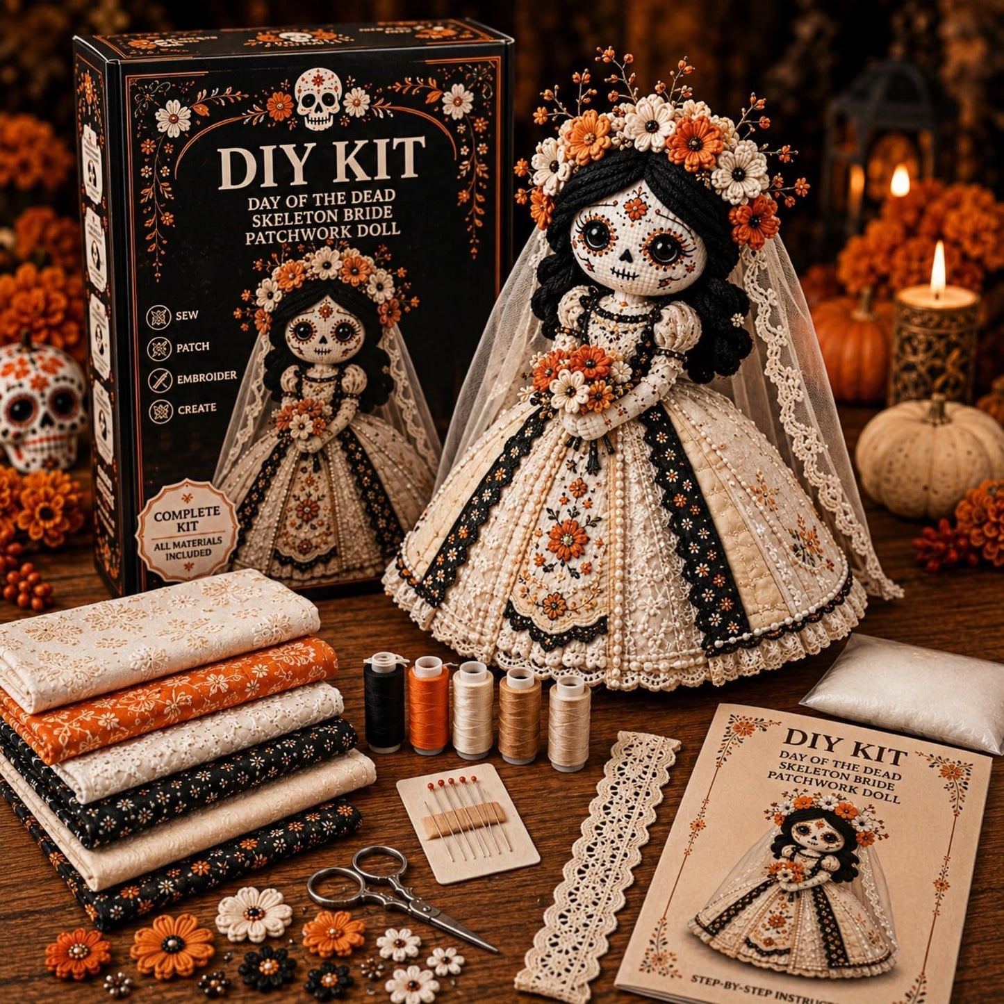 💀Vinowg Day of the Dead Patchwork Doll DIY Kit - Patchwork Skeleton Witch Girl DIY Kit