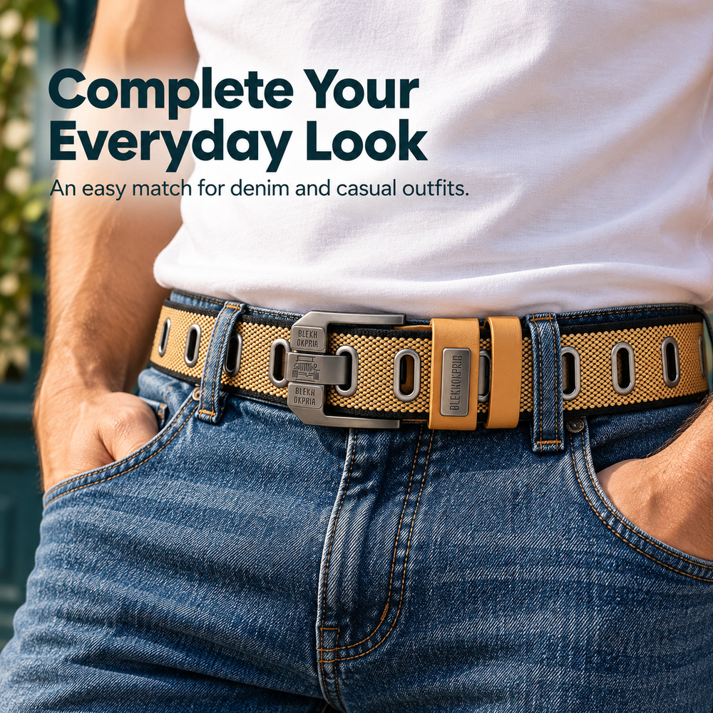 Canvas belt worn with jeans and a white T-shirt for a casual everyday look