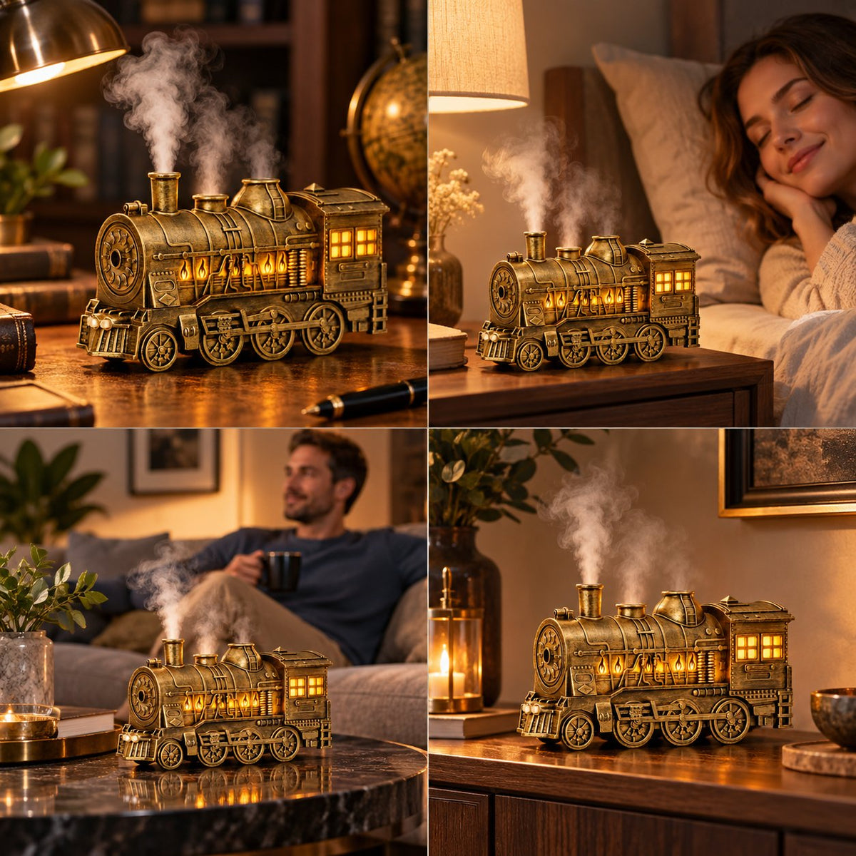 Vintage Steam Train Aromatherapy Diffuser with Simulated Flame Light Decor