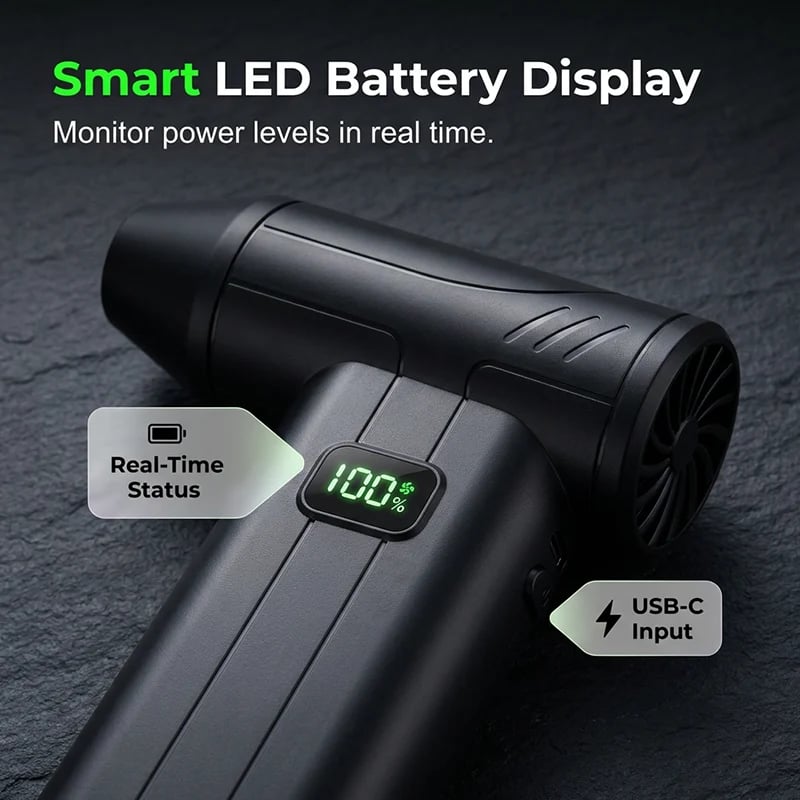 Smart LED battery indicator on portable turbo air duster with USB-C charging input