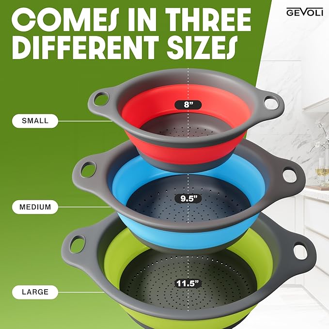 Collapsible Colanders 3-Pack Sturdy Kitchen Strainer Set, Compact with Over-Sink Self-Drainage Base