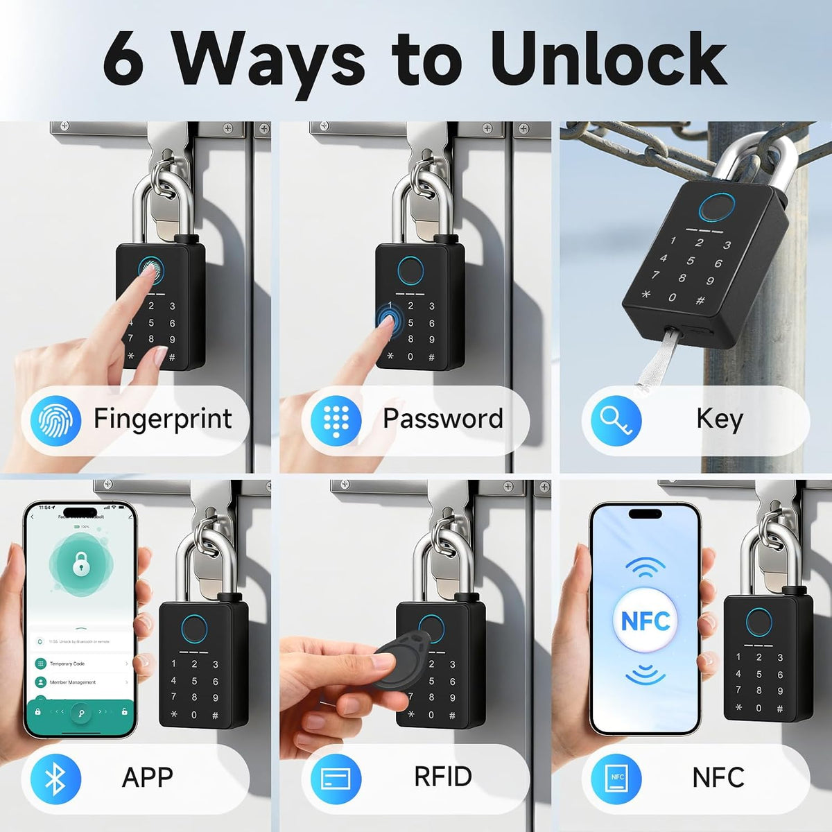 Heavy Duty Fingerprint Padlock with Key, Smart Gate Lock with Keypad