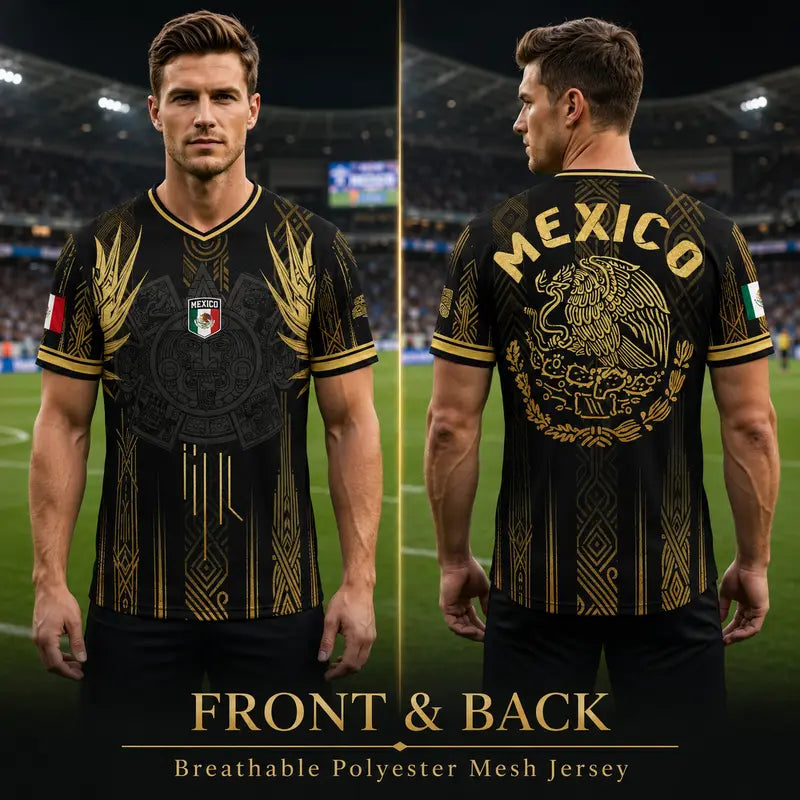 ✨Mexico Aztec Gold Soccer Jersey – Breathable Mesh Fan Shirt for Sports & Daily Wear
