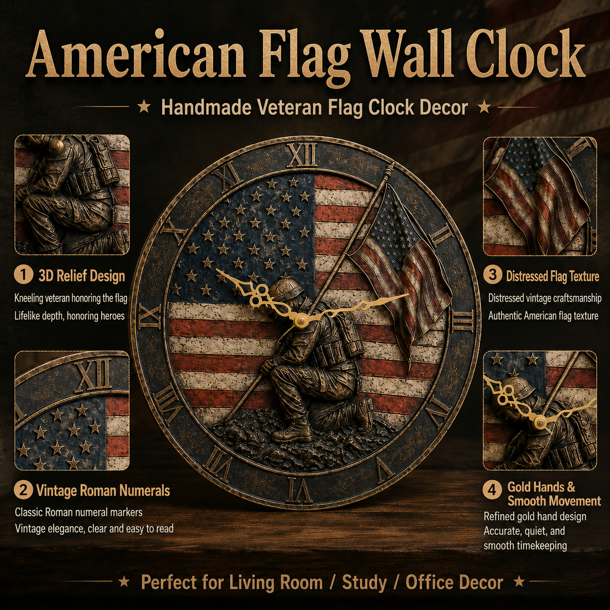 🇺🇸 American Flag Veteran Tribute Wall Clock