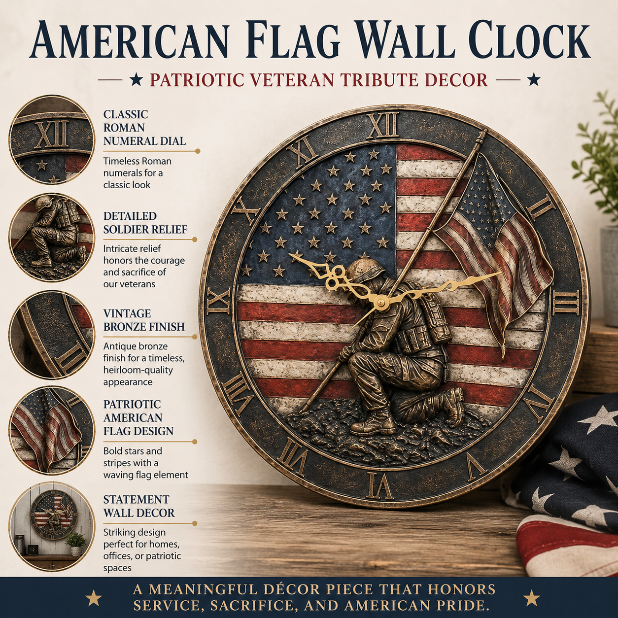 🇺🇸 American Flag Veteran Tribute Wall Clock