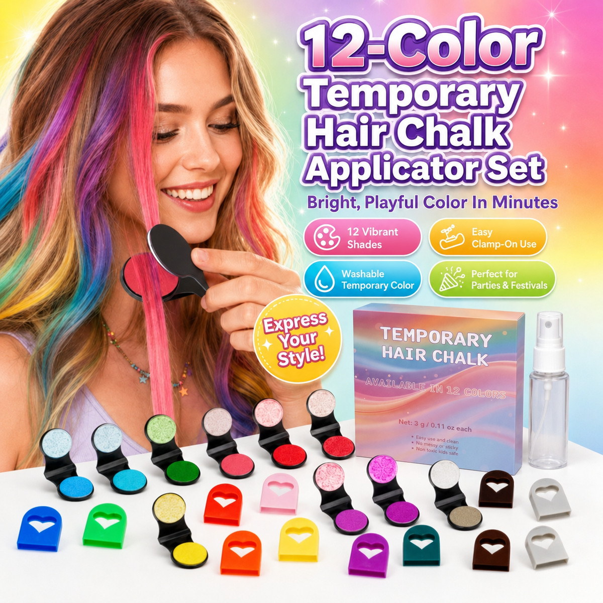 🔥🌈12-Color Temporary Hair Chalk Applicator Set |Vibrant Buildable Shades in Easy Clamp-On Applicators for Highlights, Streaks & Costume Looks ✨