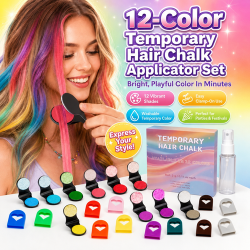 🔥🌈12-Color Temporary Hair Chalk Applicator Set |Vibrant Buildable Shades in Easy Clamp-On Applicators for Highlights, Streaks & Costume Looks ✨