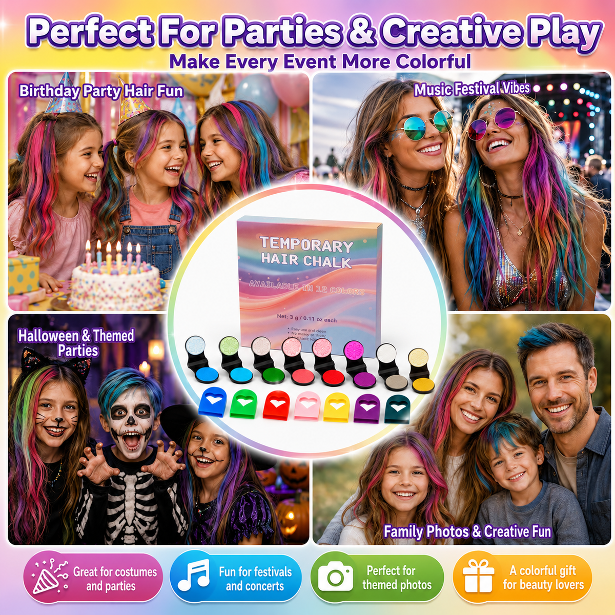 🔥🌈12-Color Temporary Hair Chalk Applicator Set |Vibrant Buildable Shades in Easy Clamp-On Applicators for Highlights, Streaks & Costume Looks ✨