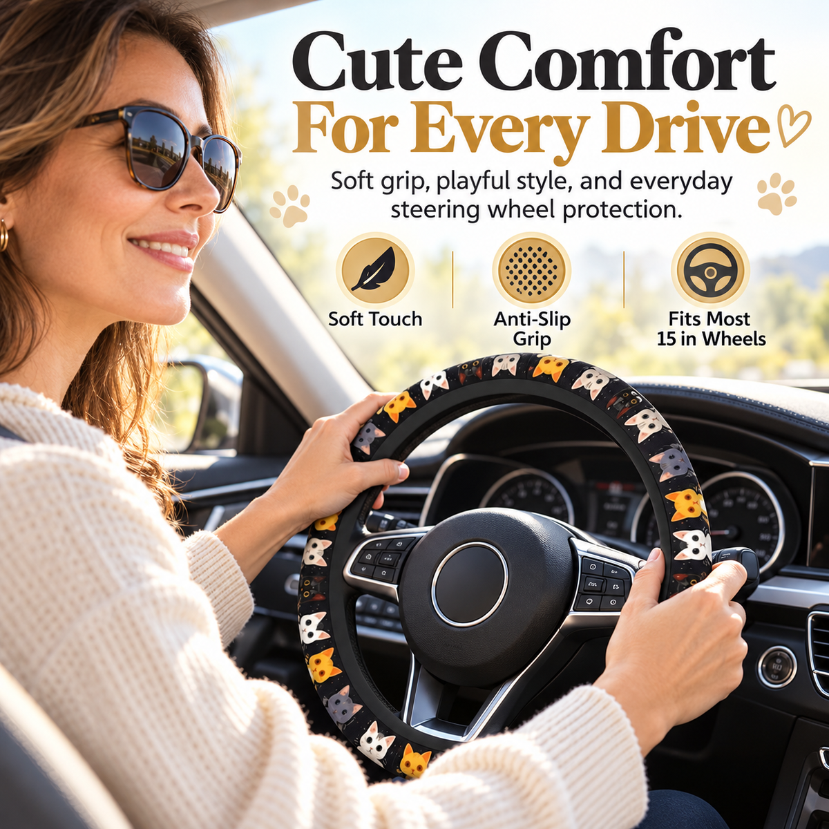 🐱 Cute Cat Steering Wheel Cover 🚗 Soft & Comfy Grip ✨ Anti-Slip Car Interior Accessory
