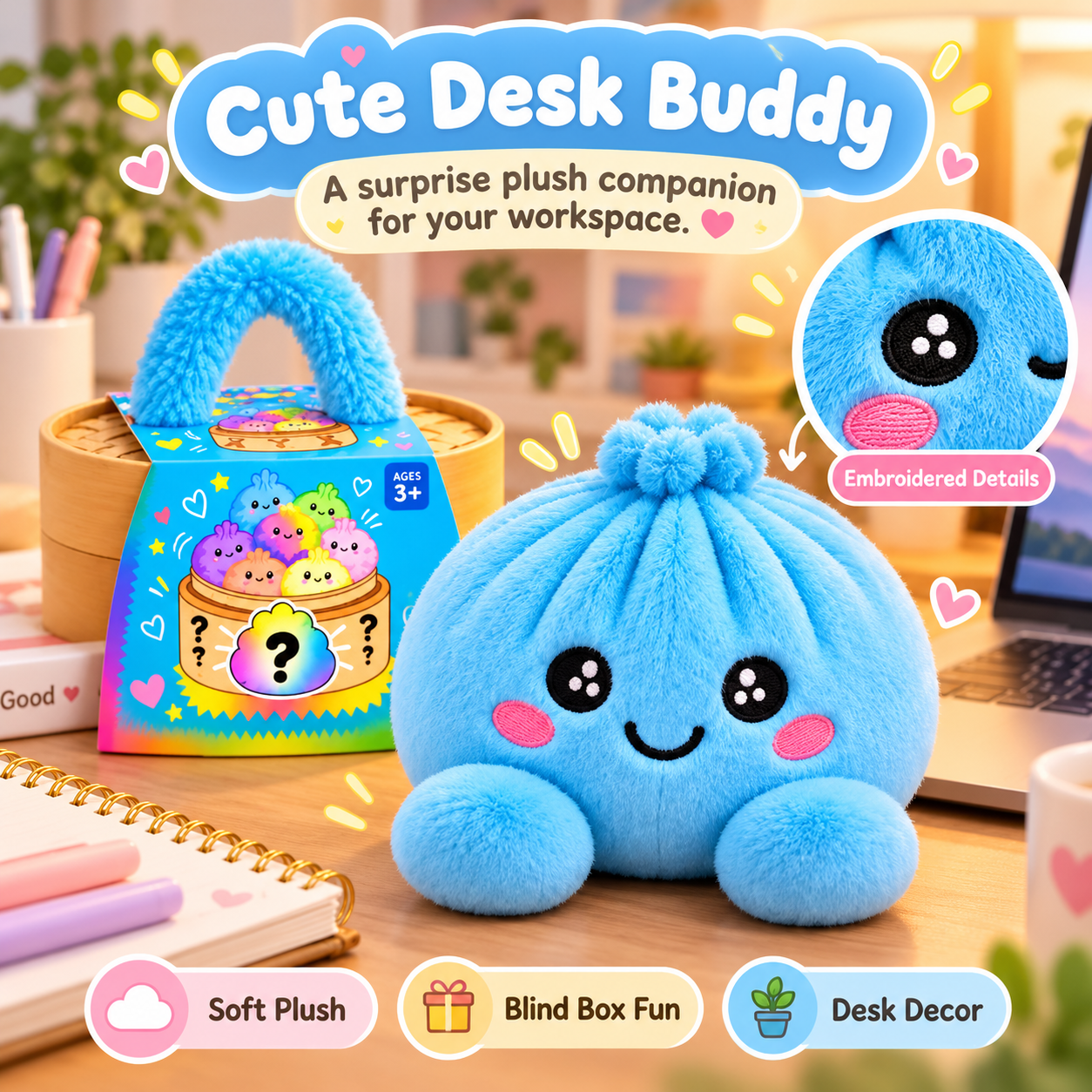 Cute blue dumpling plush with bamboo-style steamer case and colorful surprise packaging