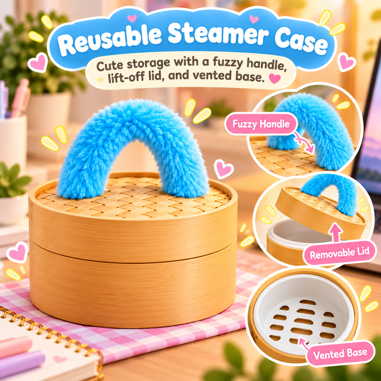 Steamer-style plush case with fuzzy blue handle removable woven-look lid and vented base