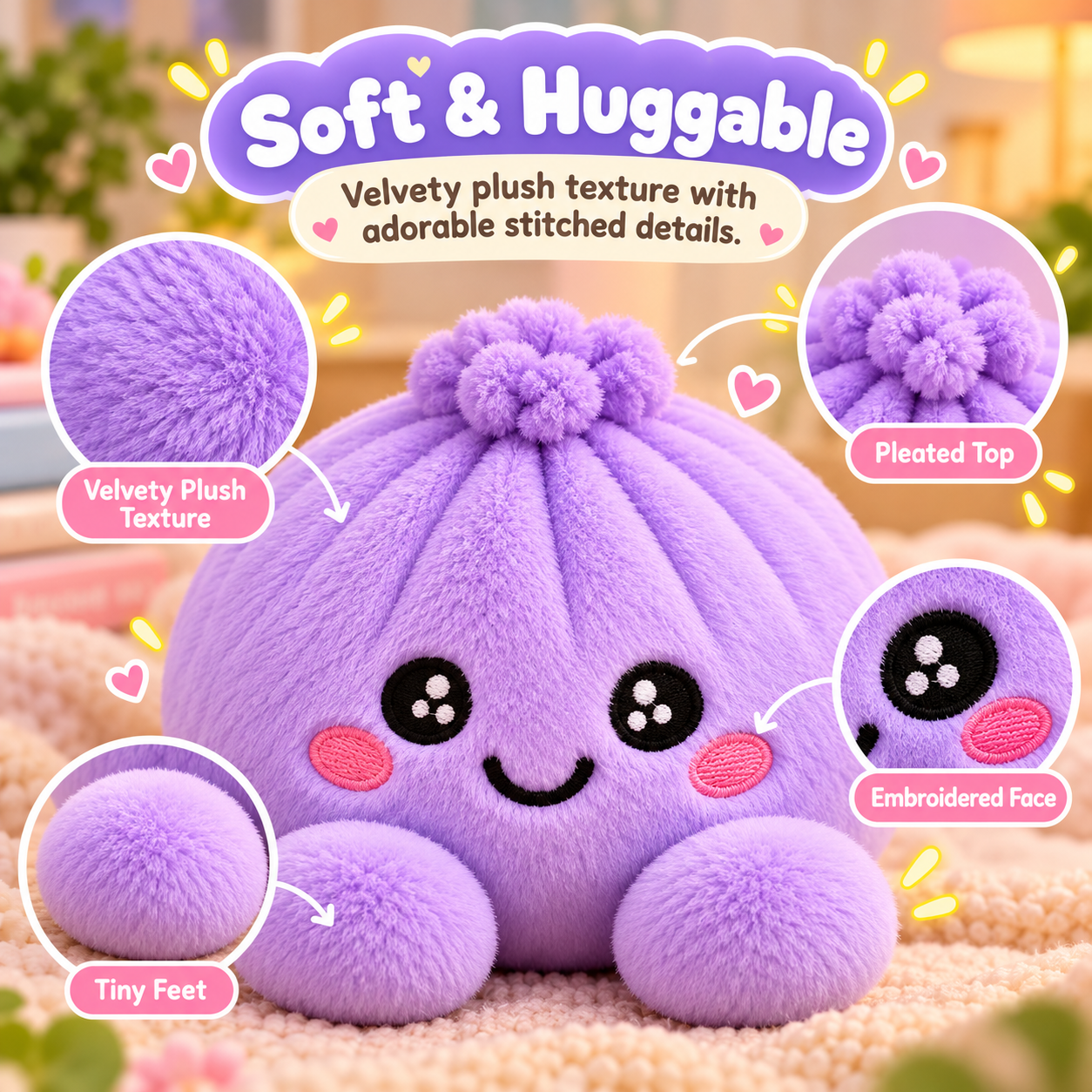 Purple dumpling plush with close-up circles showing soft texture embroidered face and pleated top
