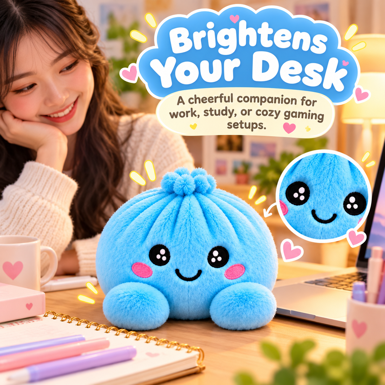 Blue dumpling plush decorating a cozy desk with laptop stationery and smiling woman