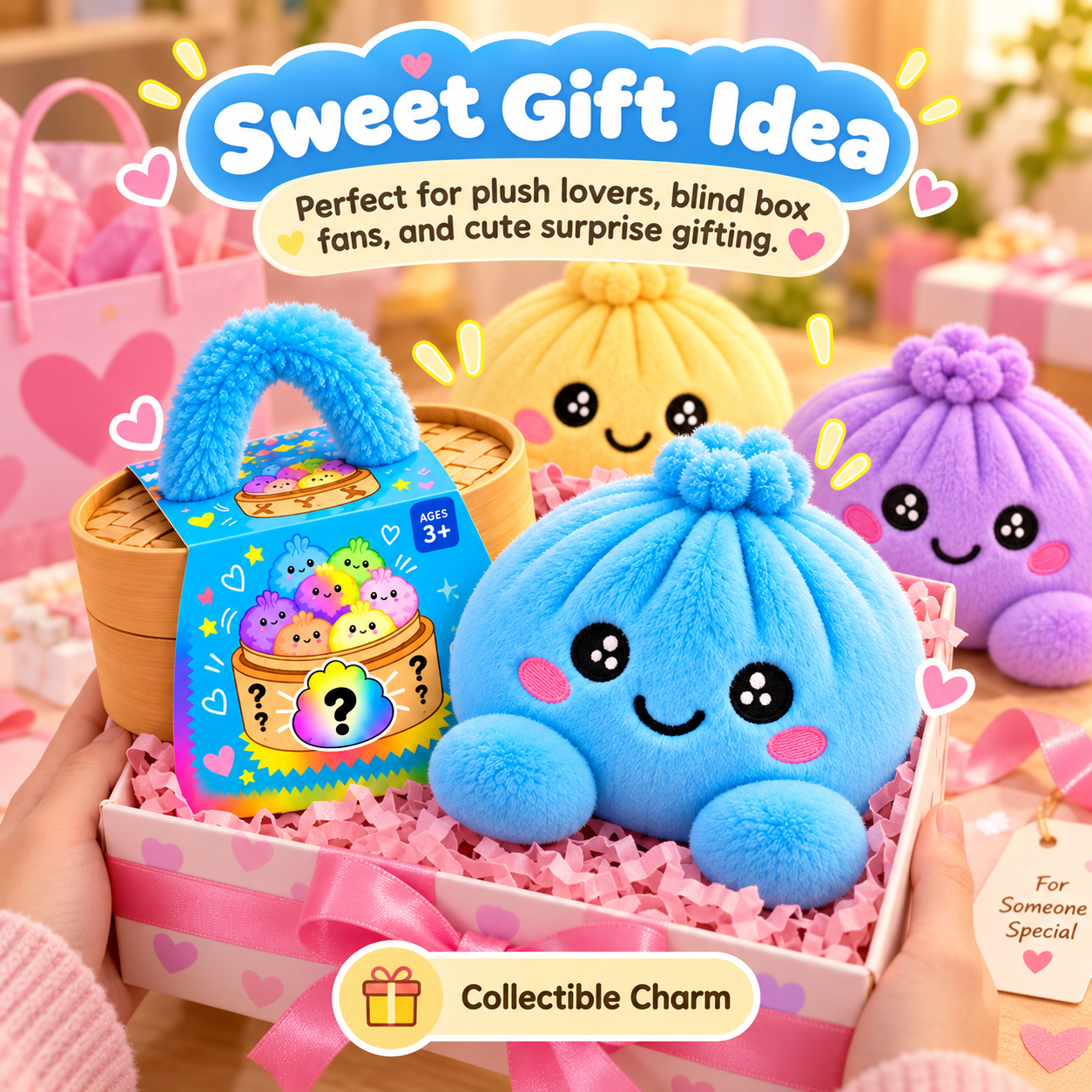 Dumpling plush gift presentation with blue yellow and purple plush characters alongside steamer case