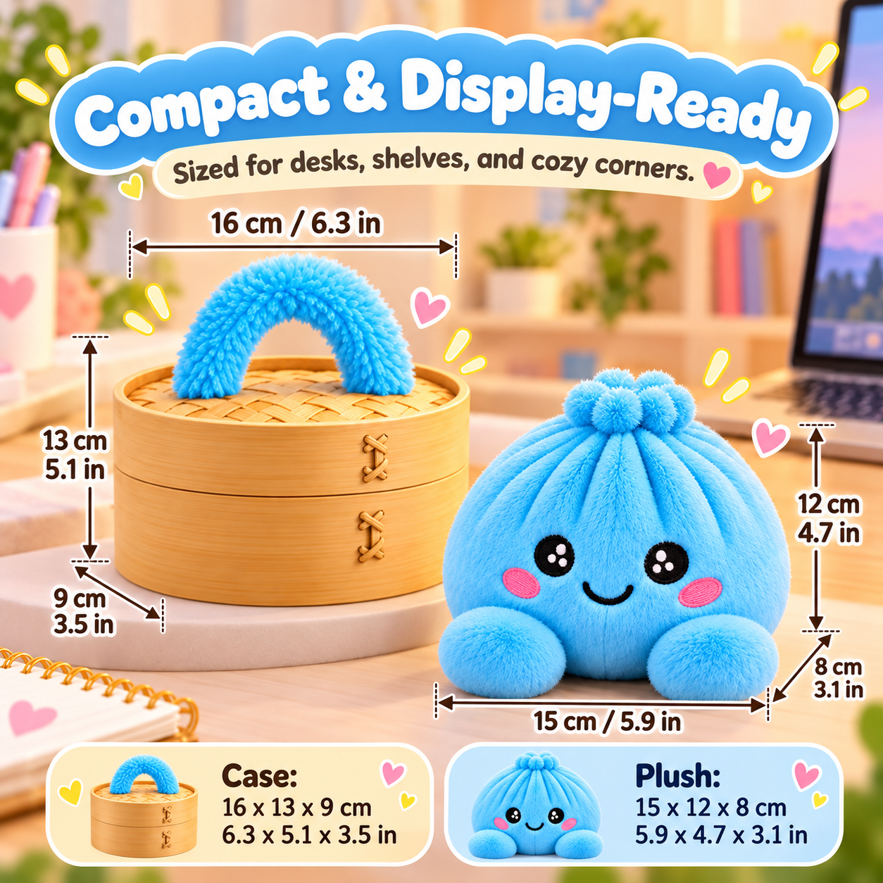 Size chart for large blue dumpling plush and steamer case with inch and centimeter dimensions